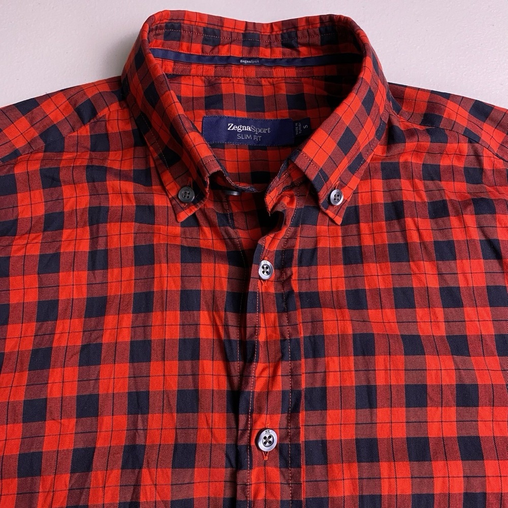 Zegna Sport Shirt S Mens L/S Button Down Slim Fit Red Buffalo Plaid VGUC